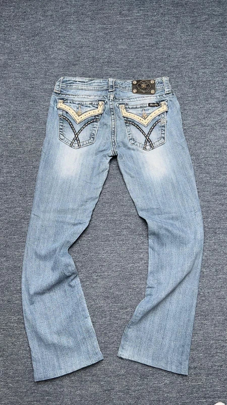 Miss Me Jeans W29 Y2K Light Wash Bootcut Low Rise Western Flap Pocket Strass
