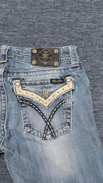 Miss Me Jeans W29 Y2K Light Wash Bootcut Low Rise Western Flap Pocket Strass