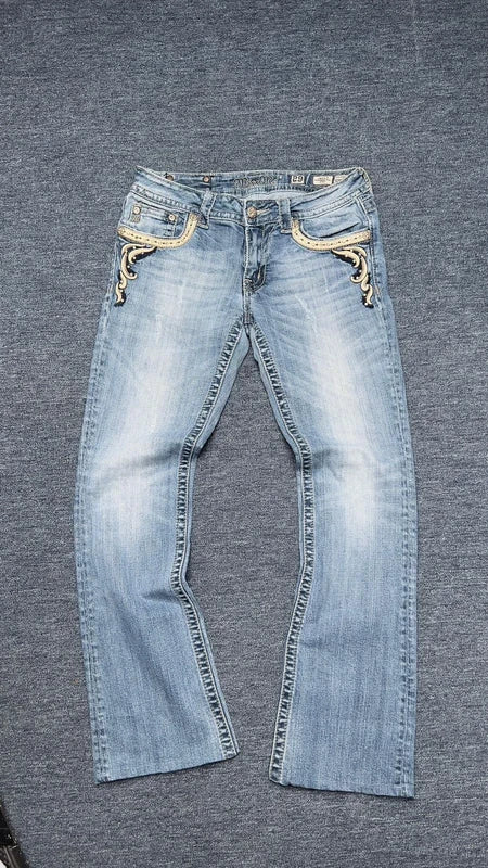 Miss Me Jeans W29 Y2K Light Wash Bootcut Low Rise Western Flap Pocket Strass