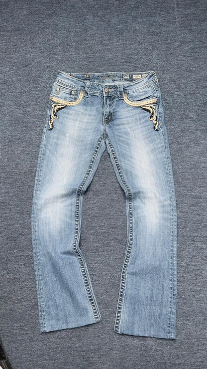 Miss Me Jeans W29 Y2K Light Wash Bootcut Low Rise Western Flap Pocket Strass