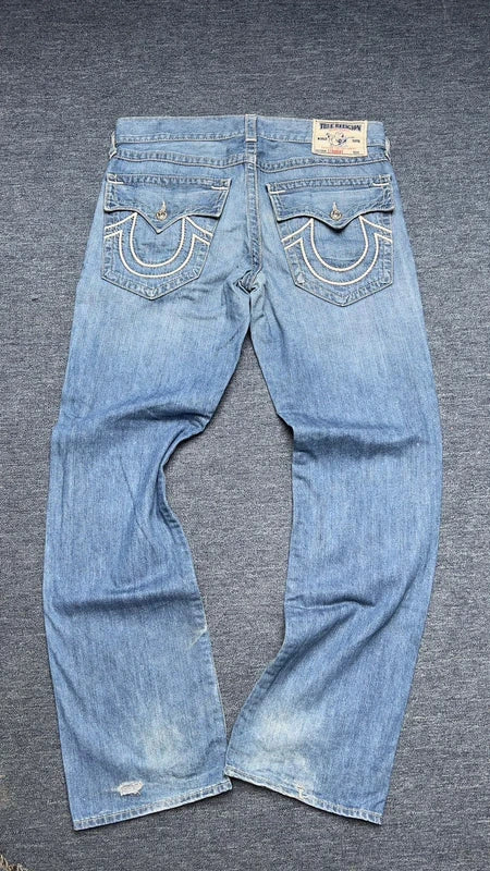 True Religion Joey Jeans W34 Big T Y2K Light Wash Bootcut Made in USA Vintage