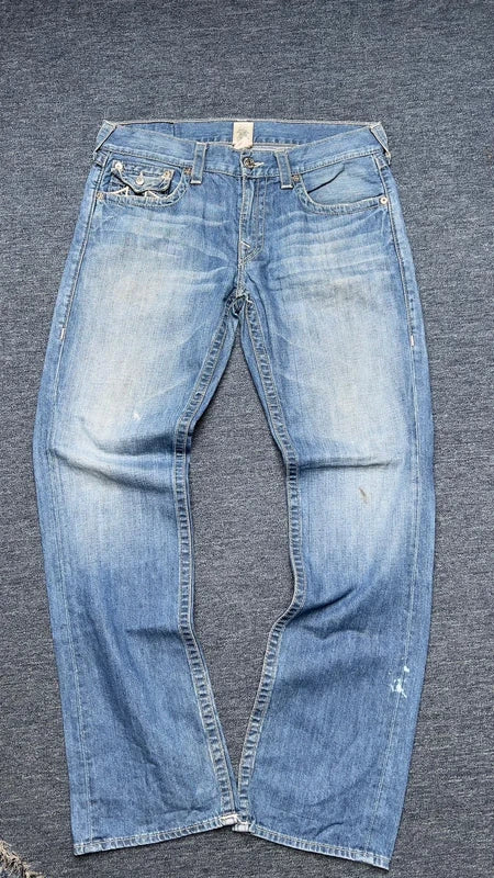 True Religion Joey Jeans W34 Big T Y2K Light Wash Bootcut Made in USA Vintage