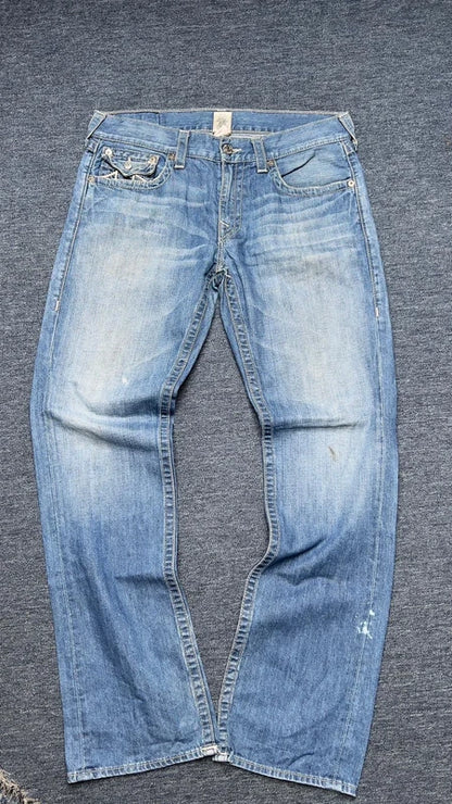 True Religion Joey Jeans W34 Big T Y2K Light Wash Bootcut Made in USA Vintage