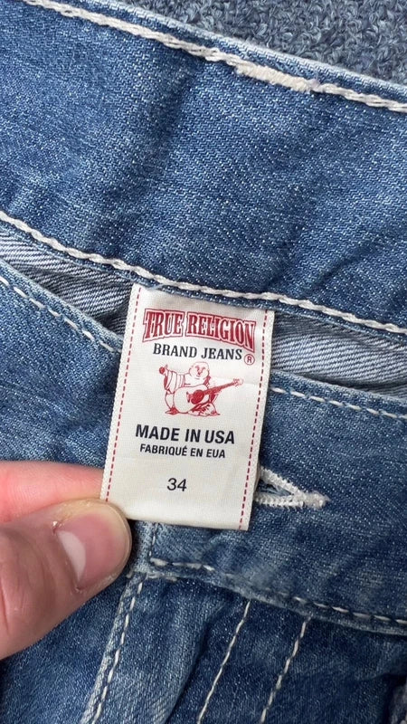 True Religion Joey Jeans W34 Big T Y2K Light Wash Bootcut Made in USA Vintage