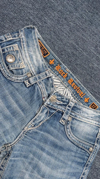Rock Revival Jeans W27 Y2K Light Wash Bootcut Low Rise XS S Embroidered Tori