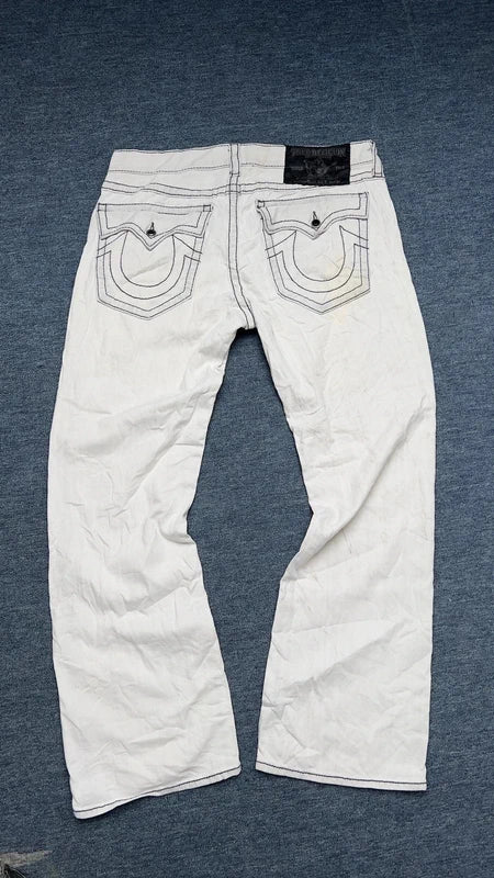 True Religion Ricky Big T Jeans W36 White Wide Leg Straight Y2K Contrast Stitch