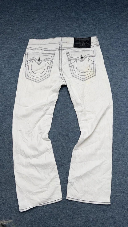 True Religion Ricky Big T Jeans W36 White Wide Leg Straight Y2K Contrast Stitch
