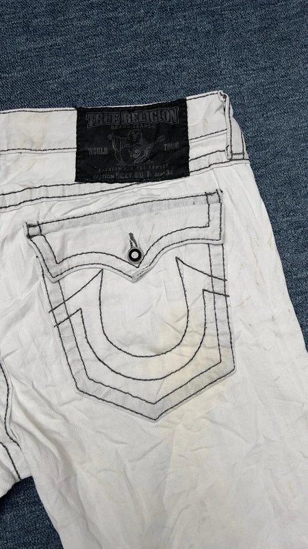 True Religion Ricky Big T Jeans W36 White Wide Leg Straight Y2K Contrast Stitch