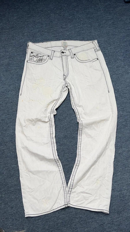 True Religion Ricky Big T Jeans W36 White Wide Leg Straight Y2K Contrast Stitch