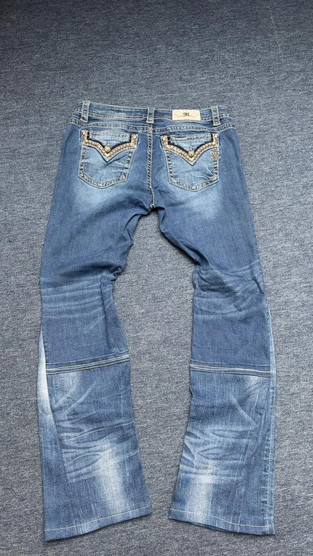 Miss Me Jeans W34 Y2K Stacked Flare Bootcut Low Rise Western Strass Embroidered