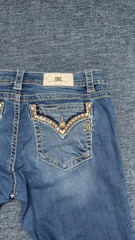 Miss Me Jeans W34 Y2K Stacked Flare Bootcut Low Rise Western Strass Embroidered