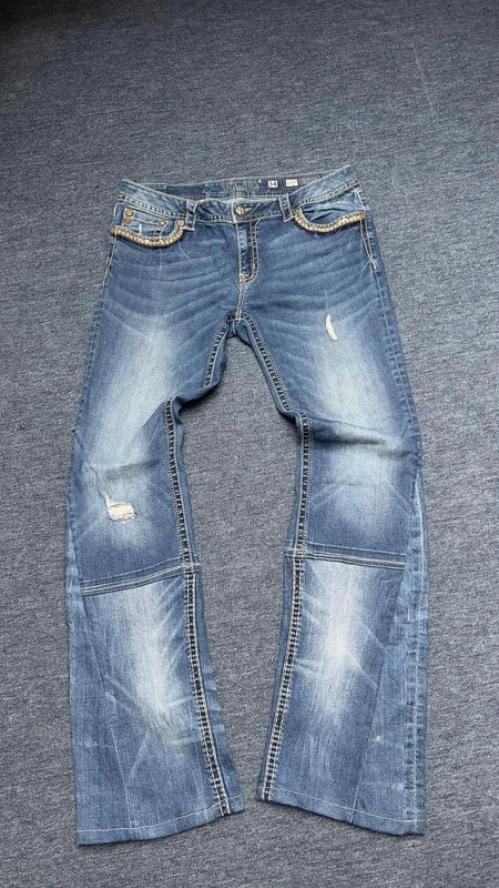 Miss Me Jeans W34 Y2K Stacked Flare Bootcut Low Rise Western Strass Embroidered