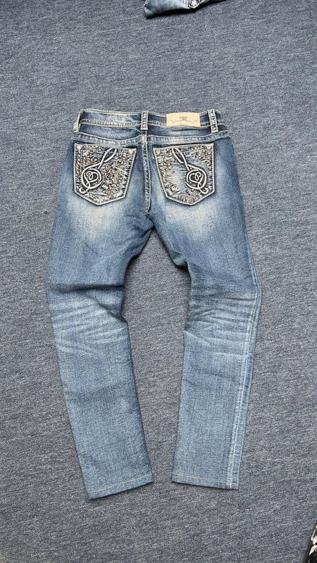 Miss Me Jeans W26 Skinny Y2K Strass Glitzer Notenschlüssel Pocket Low Rise XS / S