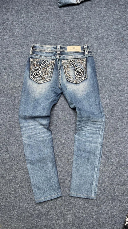 Miss Me Jeans W26 Skinny Y2K Strass Glitzer Notenschlüssel Pocket Low Rise XS / S